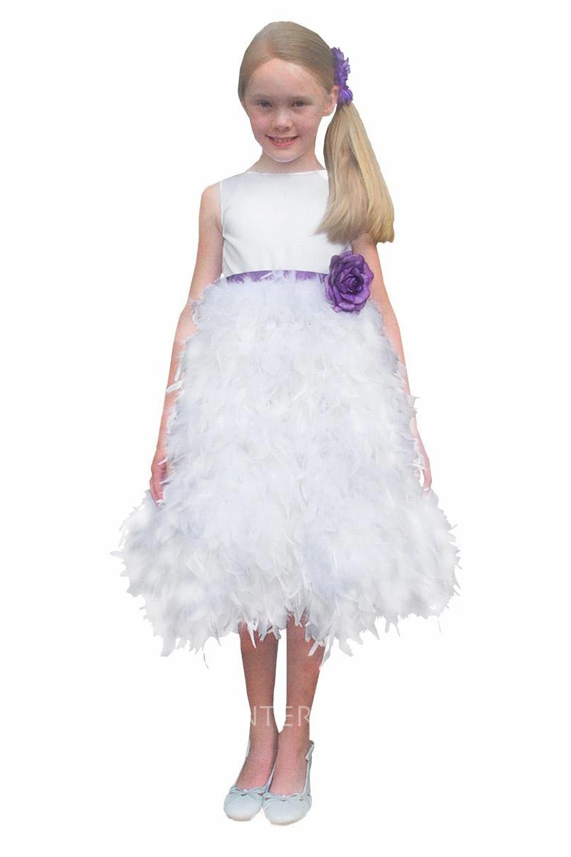 Tea-Length V-Neck Sleeveless Satin Flower Girl Dress