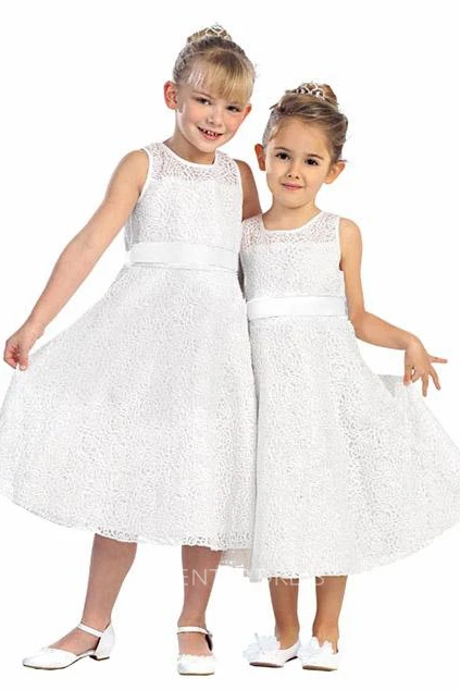 Embroideried Tea-Length Tiered Lace&Satin Flower Girl Dress