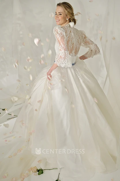 High Neck Maxi Lace Puff-Sleeve Satin Wedding Dress