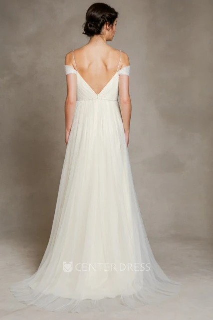 A-Line Jeweled Floor-Length Spaghetti Tulle Wedding Dress With Pleats