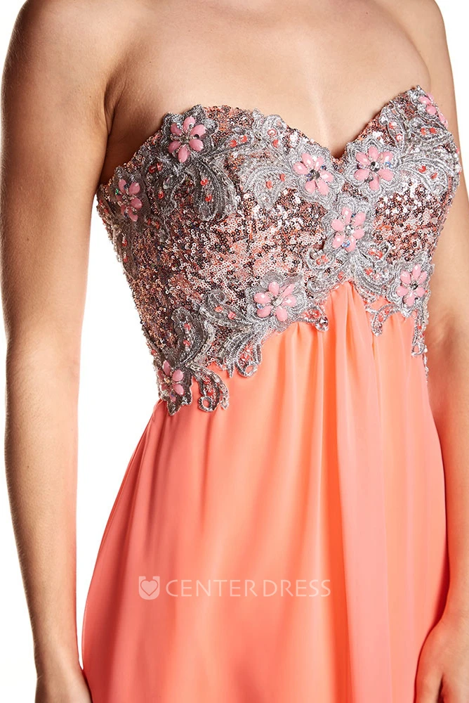 Empire Beaded Strapless Chiffon Prom Dress With Brush Train