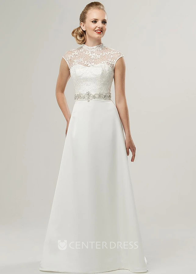 A-Line Jeweled High-Neck Cap-Sleeve Floor-Length Satin&Lace Wedding Dress With Bow