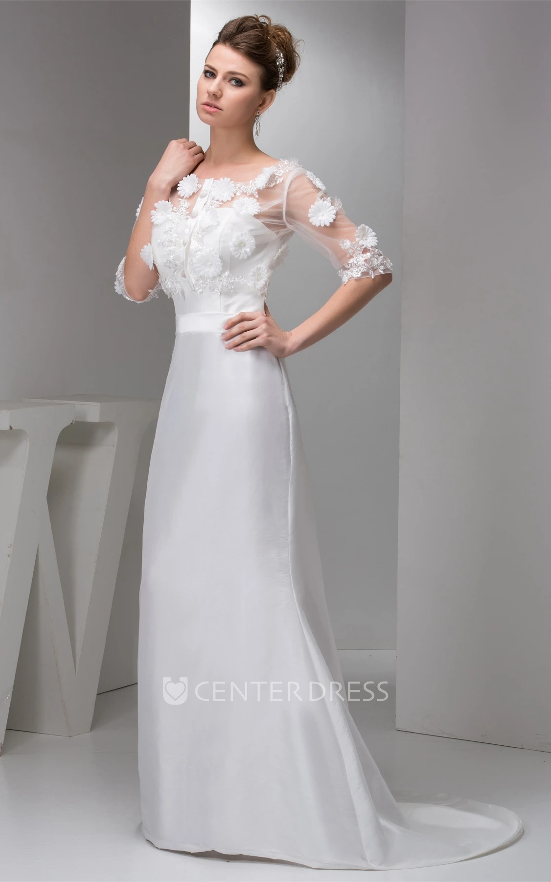 Floral Half-Sleeve Satin Mermaid Dress with Illusion Top