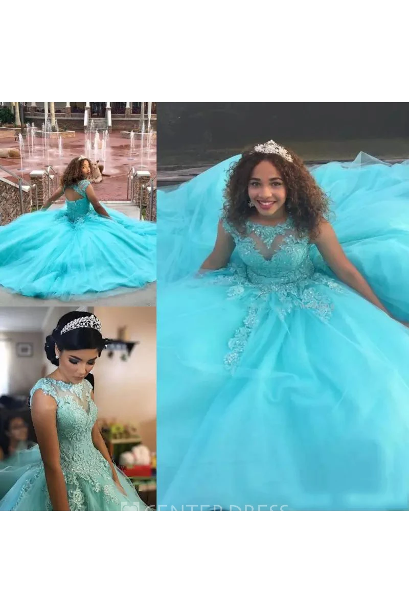 Cap Short Sleeve Bateau Ball Gown Lace Tulle Zipper Keyhole Dress