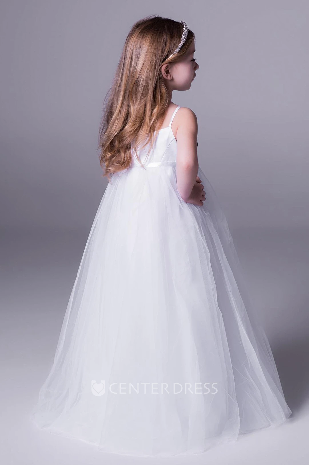 A-Line Sleeveless Spaghetti Floral Floor-Length Tulle Flower Girl Dress