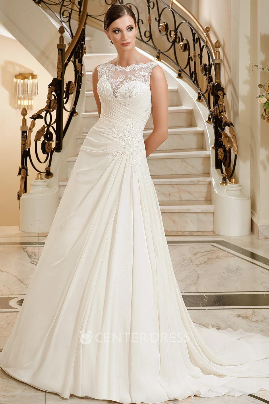 A-Line Maxi Sleeveless Appliqued Jewel-Neck Wedding Dress With Side Draping