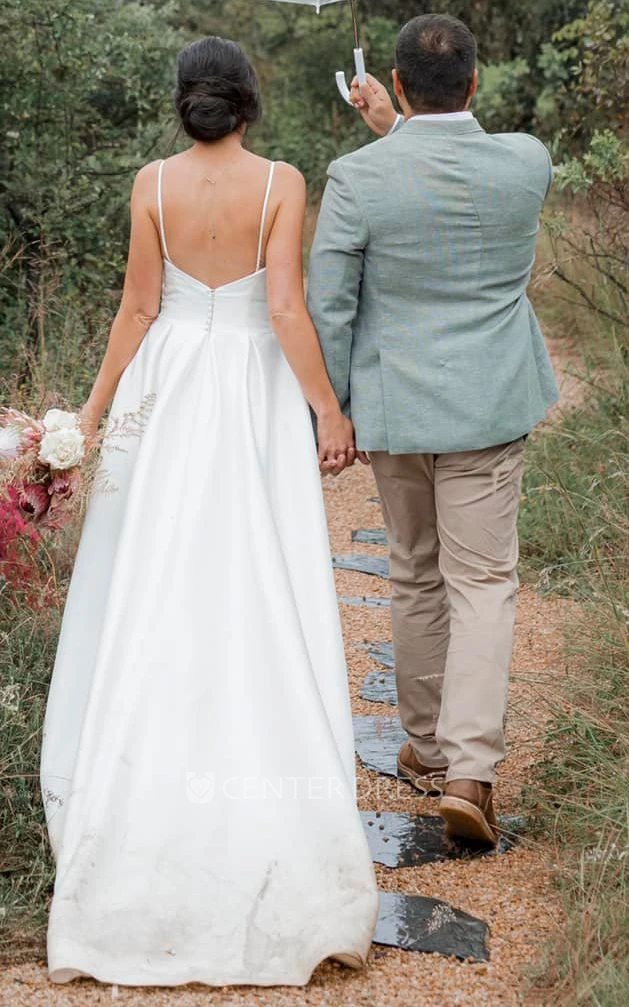 Satin A-Line Spaghetti Romantic Beach Wedding Dress With Zipper Back