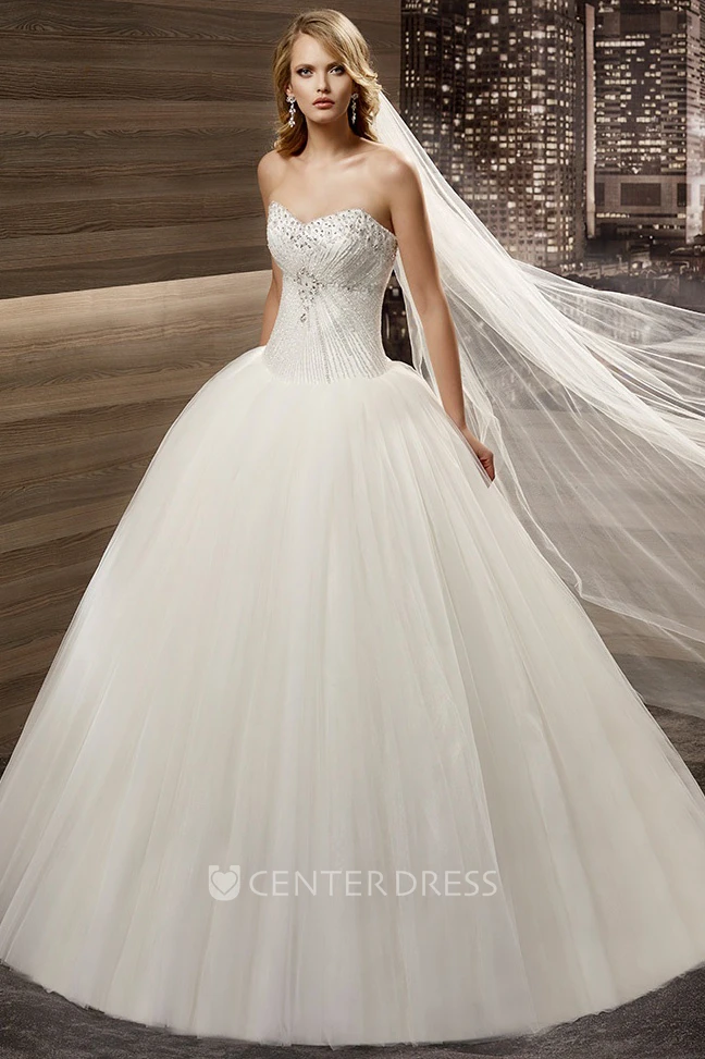 Sweetheart Pleated A-line Wedding Gown with Beaded Bodice and Puffy Skirt 
