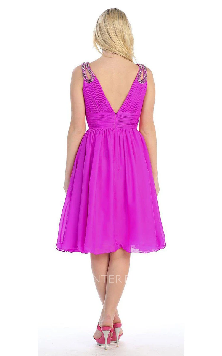 Plunging Neckline Short Chiffon Dress With Sequined Straps and V Back