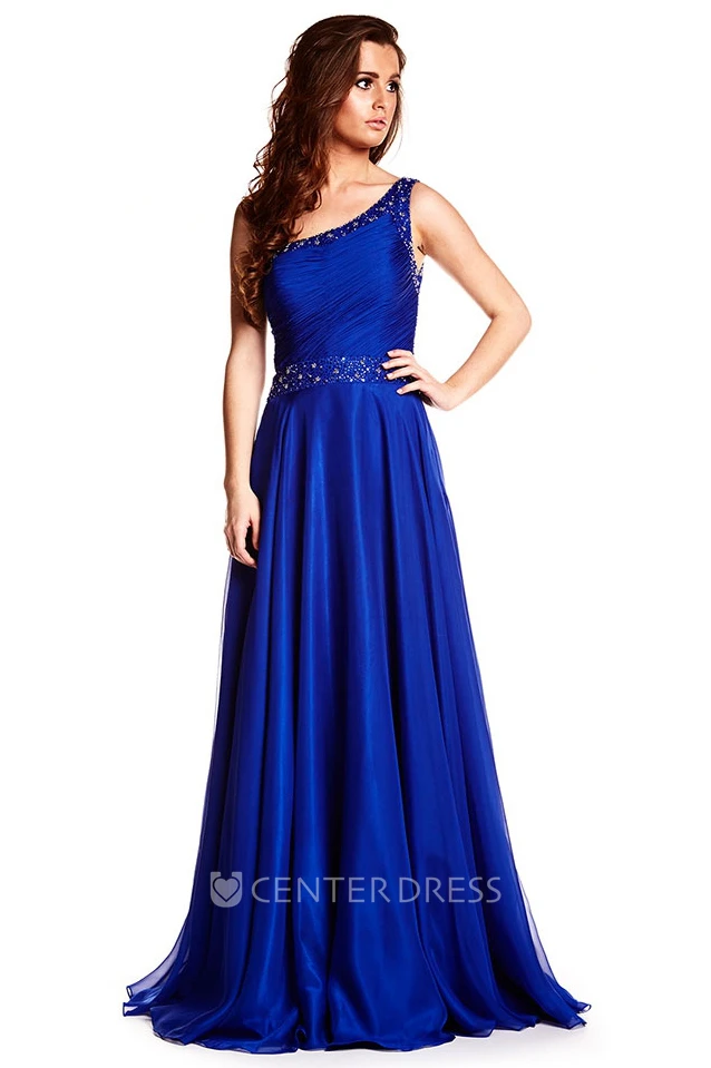 A-Line Sleeveless One-Shoulder Floor-Length Ruched Prom Dress With Straps And Beading