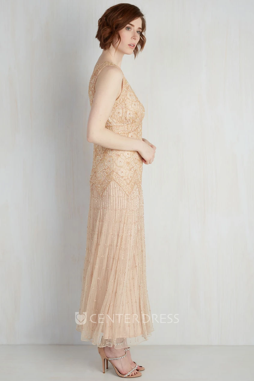 Sheath Sleeveless Ankle-Length Beaded V-Neck Tulle Wedding Dress With Low-V Back