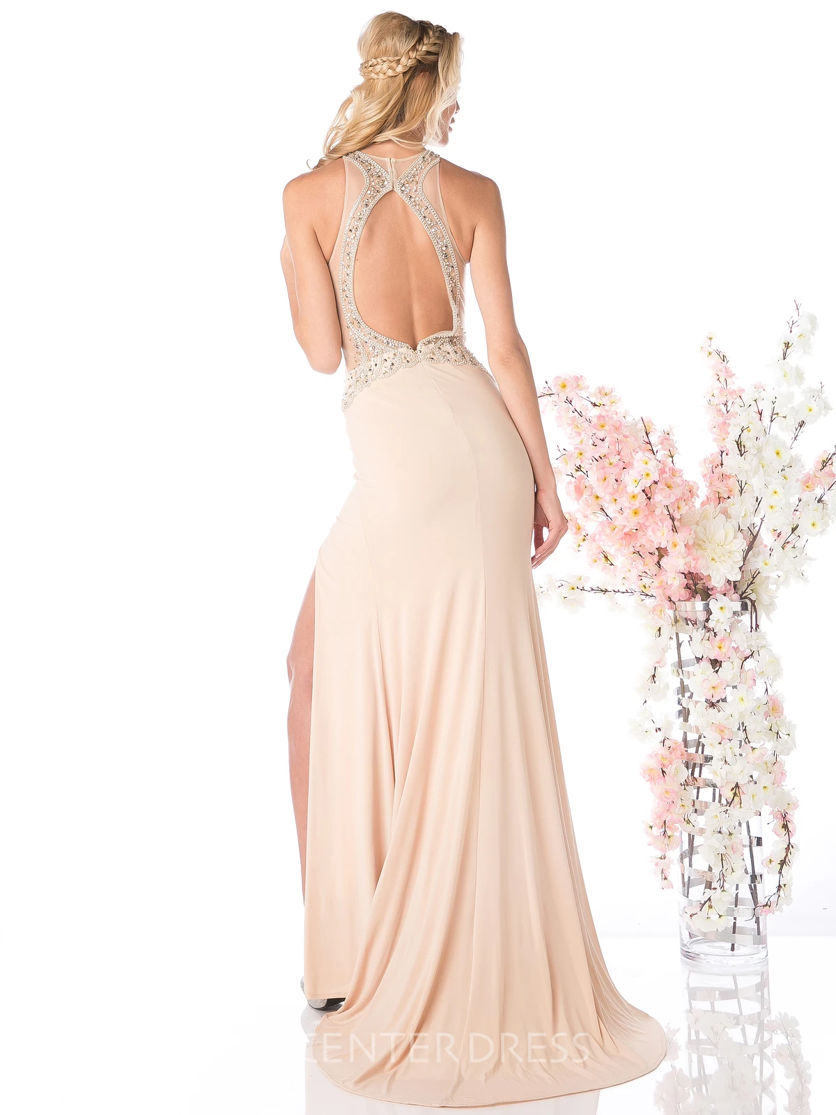 Sheath Jewel-Neck Sleeveless Jersey Keyhole Dress With Split Front And Beading