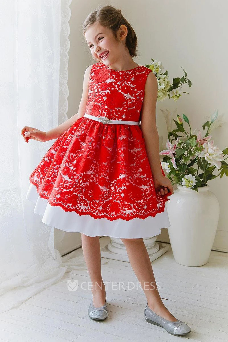 Tea-Length Floral Beaded Lace&Satin Flower Girl Dress With Ribbon