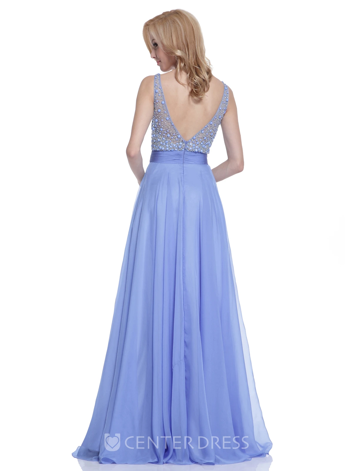 A-Line Long Scoop-Neck Sleeveless Chiffon Low-V Back Dress With Beading And Pleats