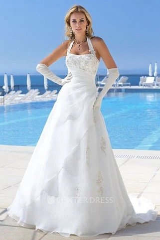 A-Line Halter Long-Sleeveless Appliqued Organza Wedding Dress With Side Draping And Brush Train