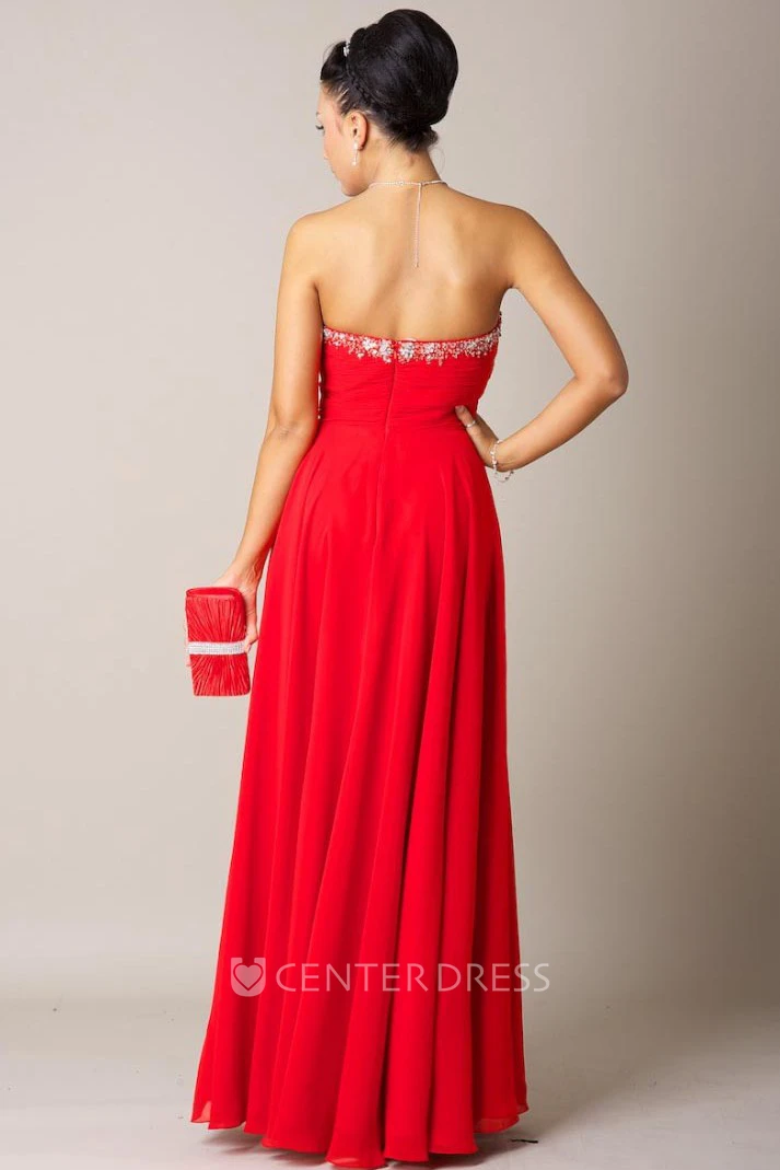 A-Line Ruched Floor-Length Sleeveless Sweetheart Chiffon Prom Dress With Beading And Draping