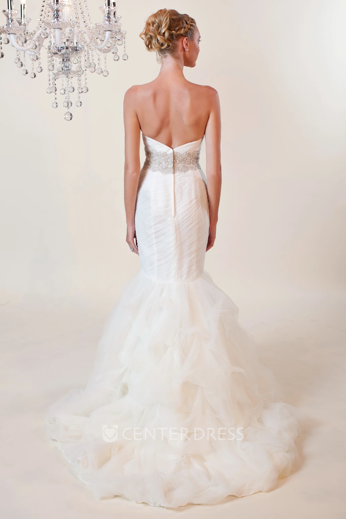 Mermaid Sweetheart Jeweled Tulle Wedding Dress With Criss Cross And Ruffles