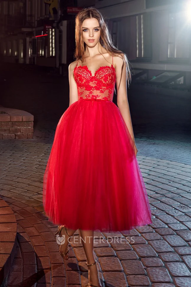 A-Line Tea-Length Spaghetti Sleeveless Tulle Lace Dress With Appliques
