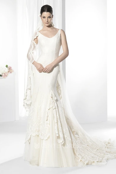 Sheath V-Neck Floor-Length Appliqued Sleeveless Satin&Tulle Spring Wedding Dress