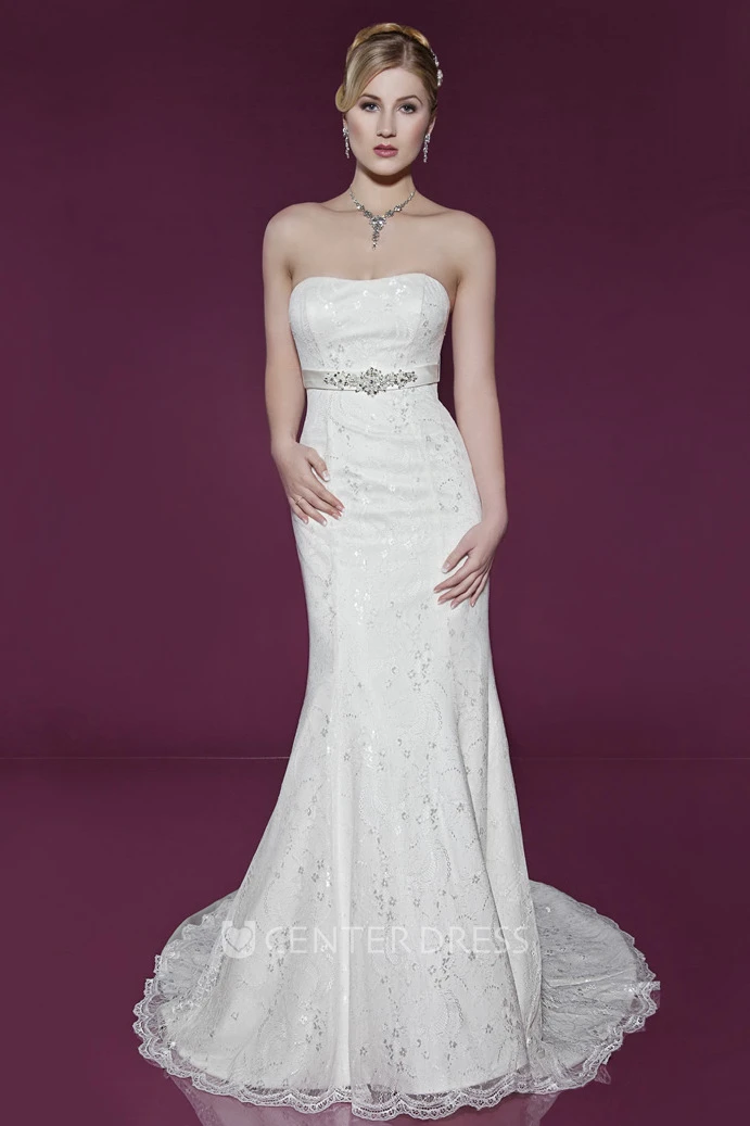 Maxi Strapless Beaded Lace Wedding Dress With Sweep Train