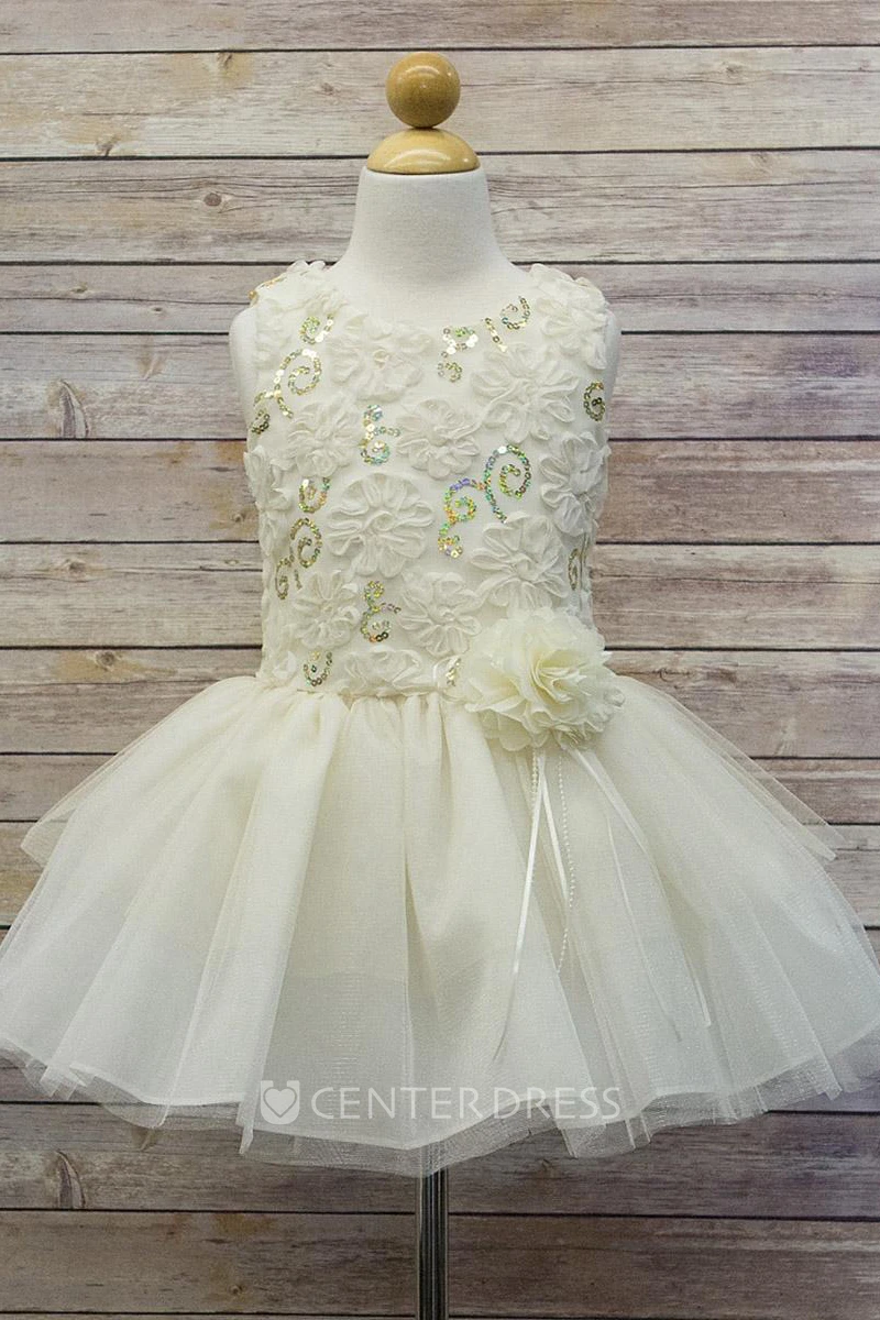 Embroideried Knee-Length Floral Tulle&Sequins Flower Girl Dress With Ribbon