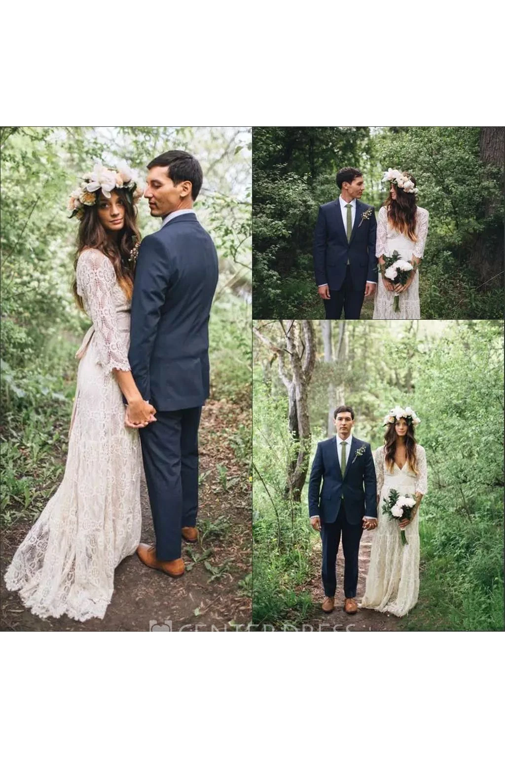 Illusion 3 4 Length Sleeve V-neck A-Line Sheath Lace Zipper Winter Wedding Dress