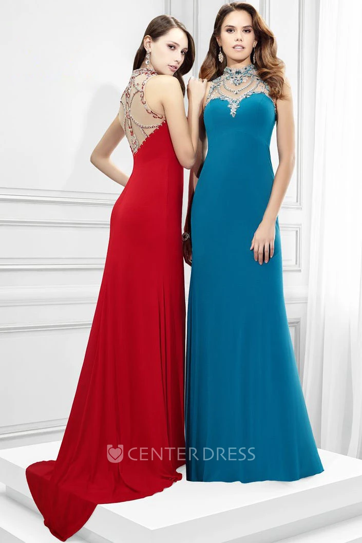 Form-Fitted Crop Top Jersey Sleeveless Prom Dress Featuring Jeweled Bodice  - UCenter Dress