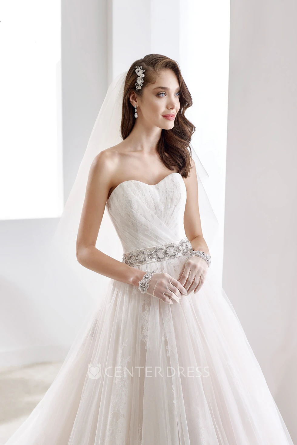 Sweetheart A-line Pleated Wedding Dress with Beaded Belt 