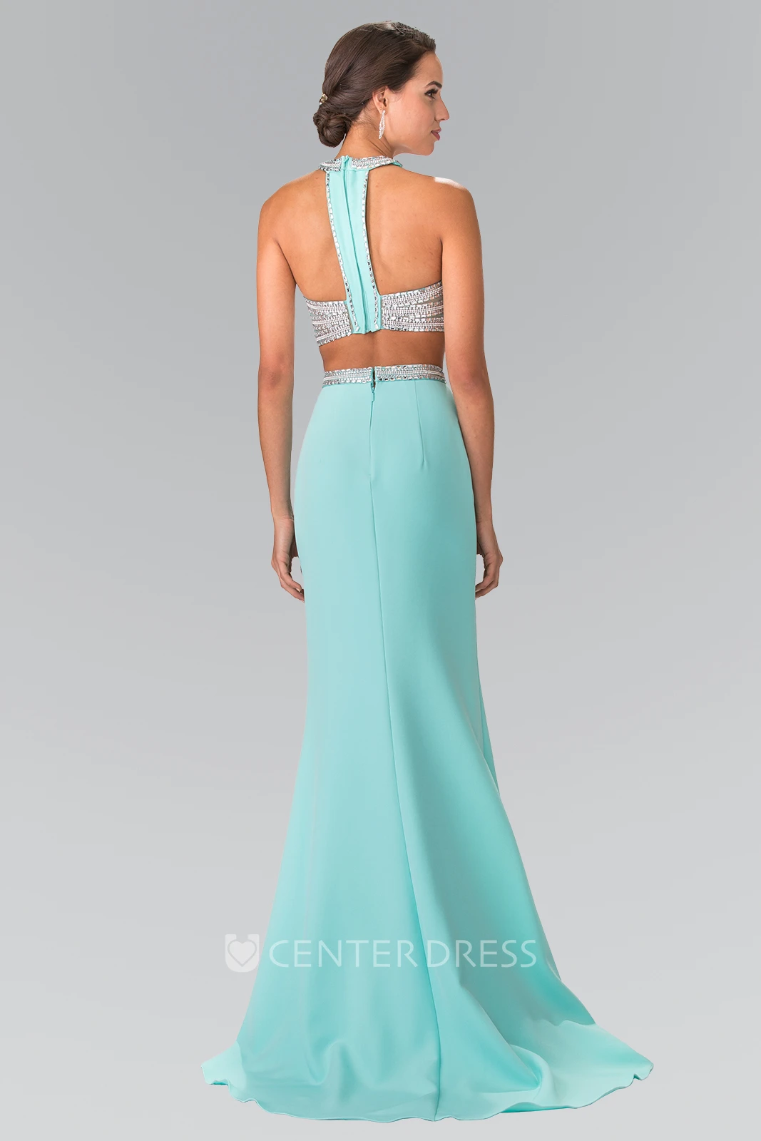 Two-Piece Sheath High Neck Sleeveless Jersey Dress With Beading