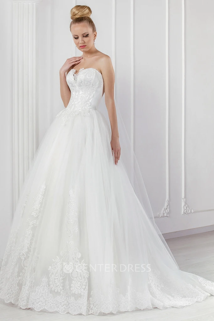 Ball Gown Long Strapless Tulle Wedding Dress With Appliques And Corset Back