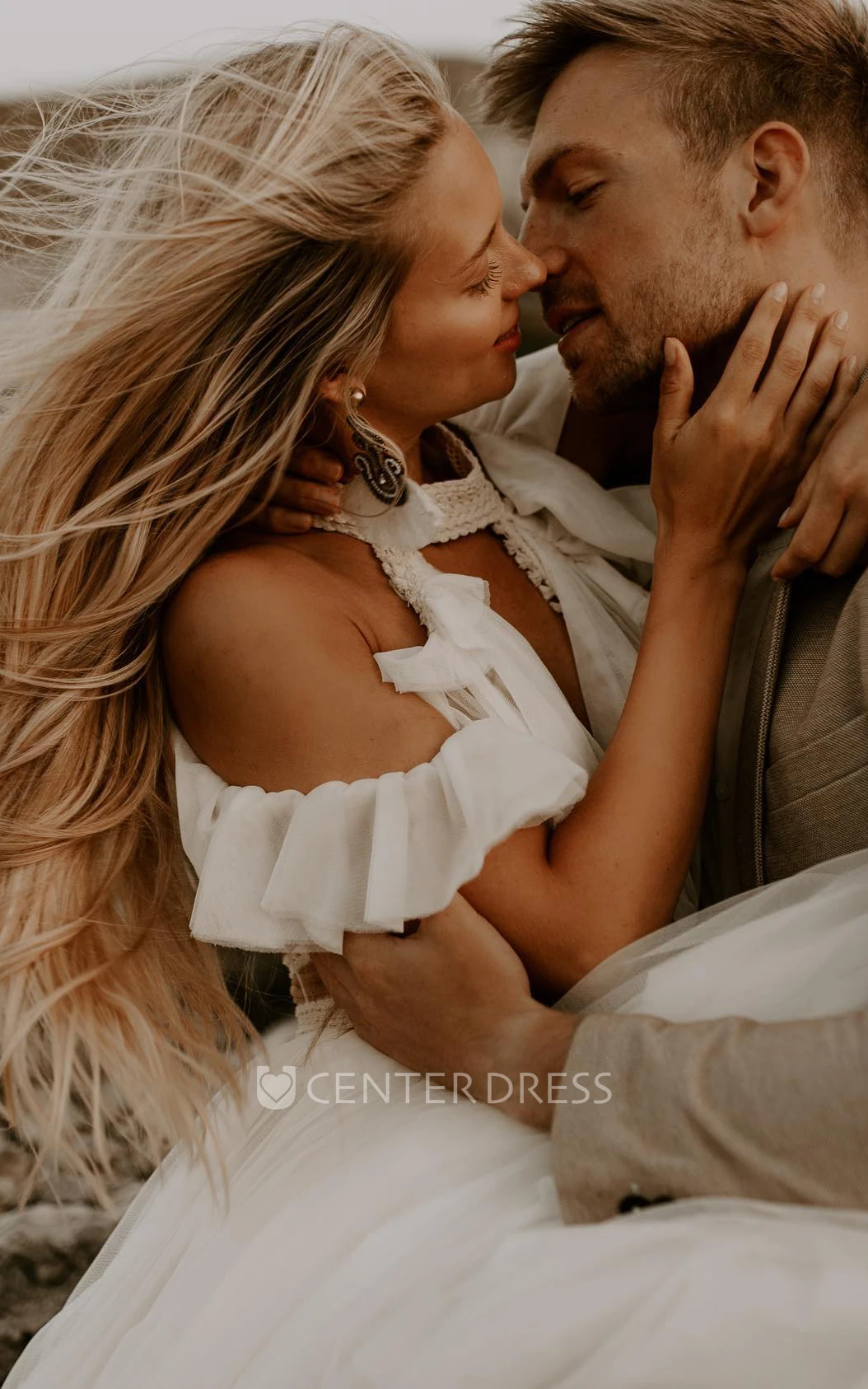 Greek A-Line Off-the-shoulder Tulle Wedding Dress With Button Back And Halter Neckline