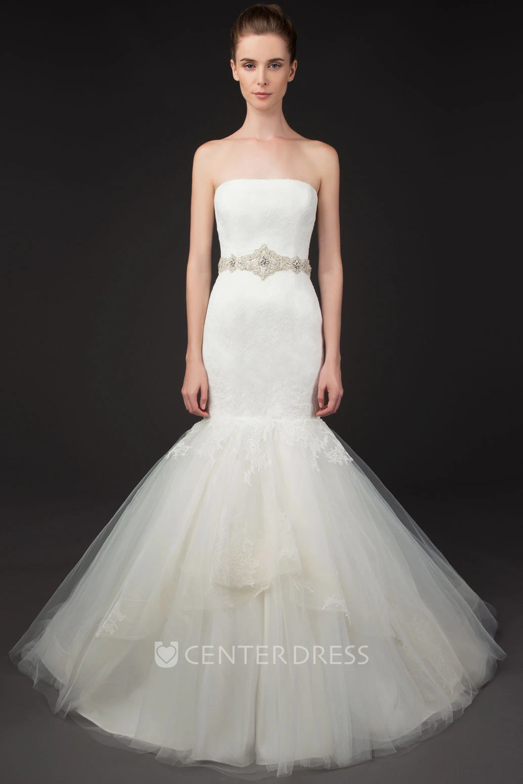 Mermaid Ruffled Strapless Sleeveless Maxi Lace&Tulle Wedding Dress With Deep-V Back And Waist Jewellery