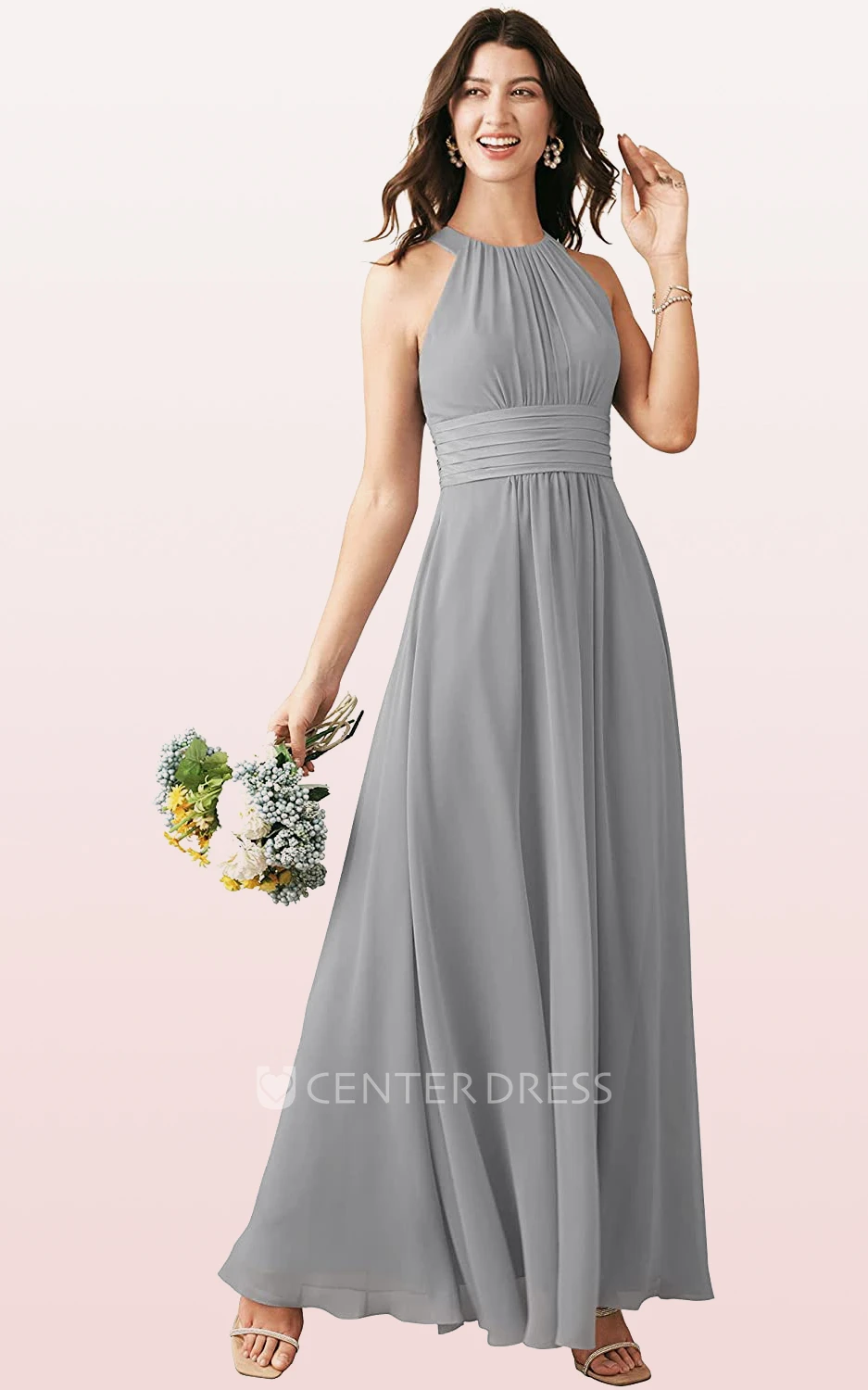 Elegant Chiffon Ankle-length Halter A Line Sleeveless Bridesmaid Dress With Ruching