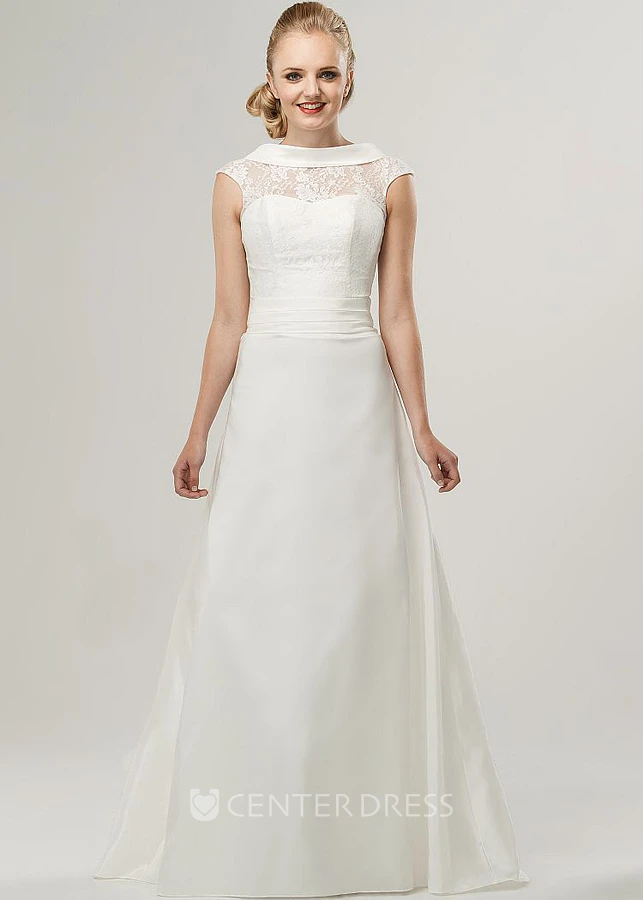 A-Line High-Neck Floor-Length Appliqued Cap-Sleeve Satin&Lace Wedding Dress