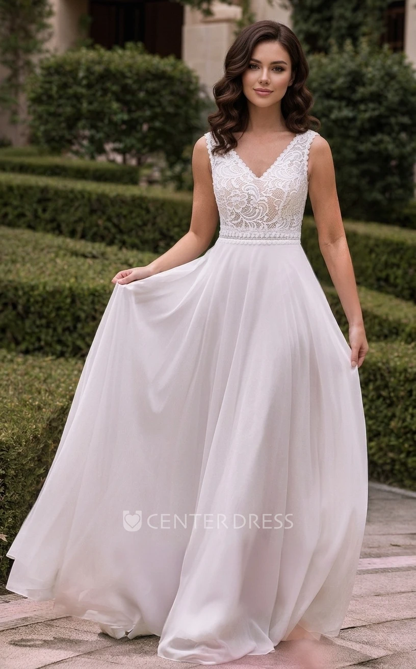 Vintage Lace A-Line V-neck Spring Wedding Dress Elegant Ethereal Petite Sleeveless Bridal Gown with Train
