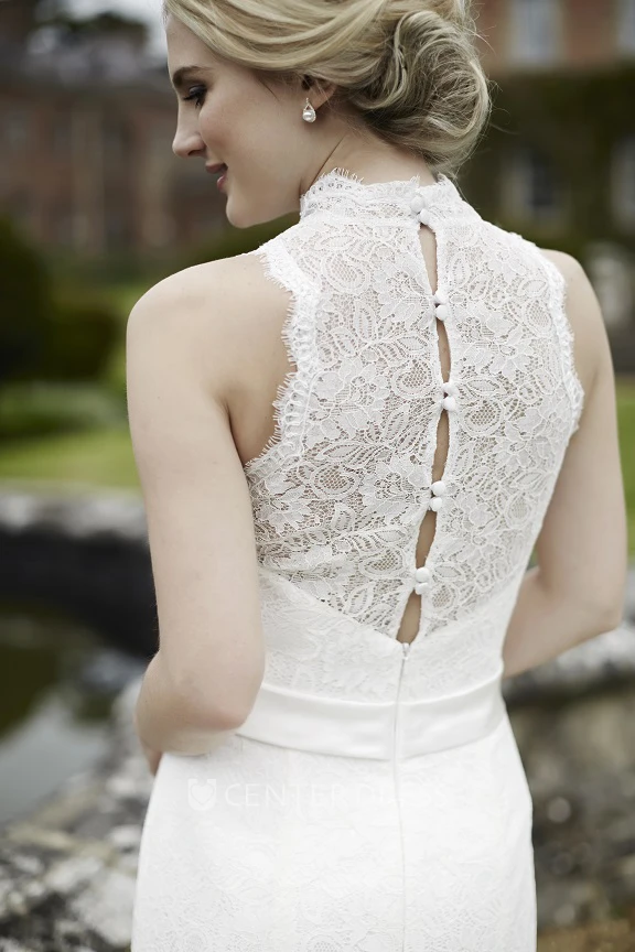 High Neck Long Floral Lace Wedding Dress With Court Train
