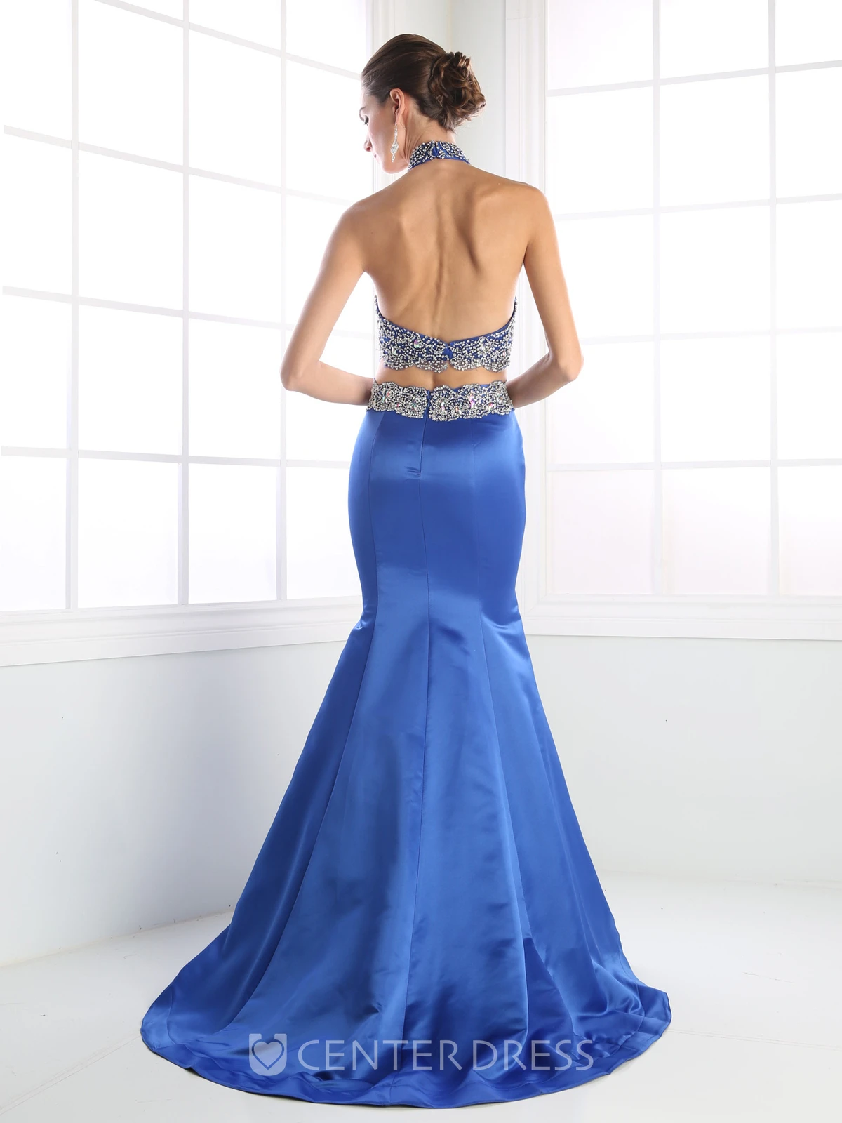 Two-Piece Trumpet High Neck Sleeveless Satin Backless Dress With Beading
