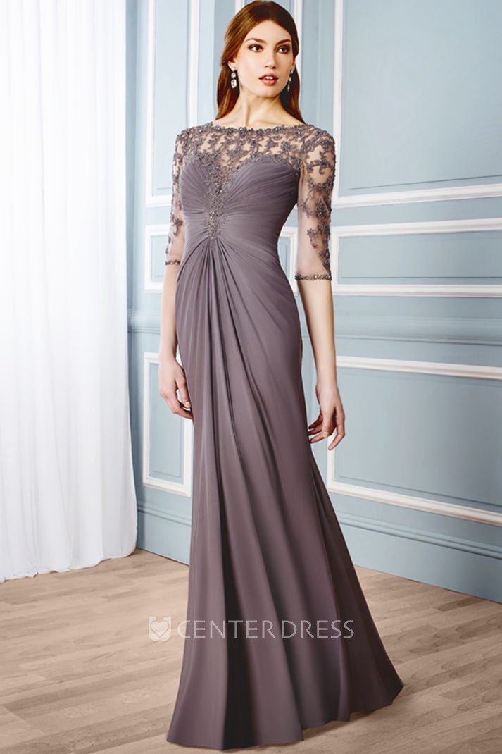 Sheath Floor Length Ruched Bateau Neck Half Sleeve Chiffon Formal