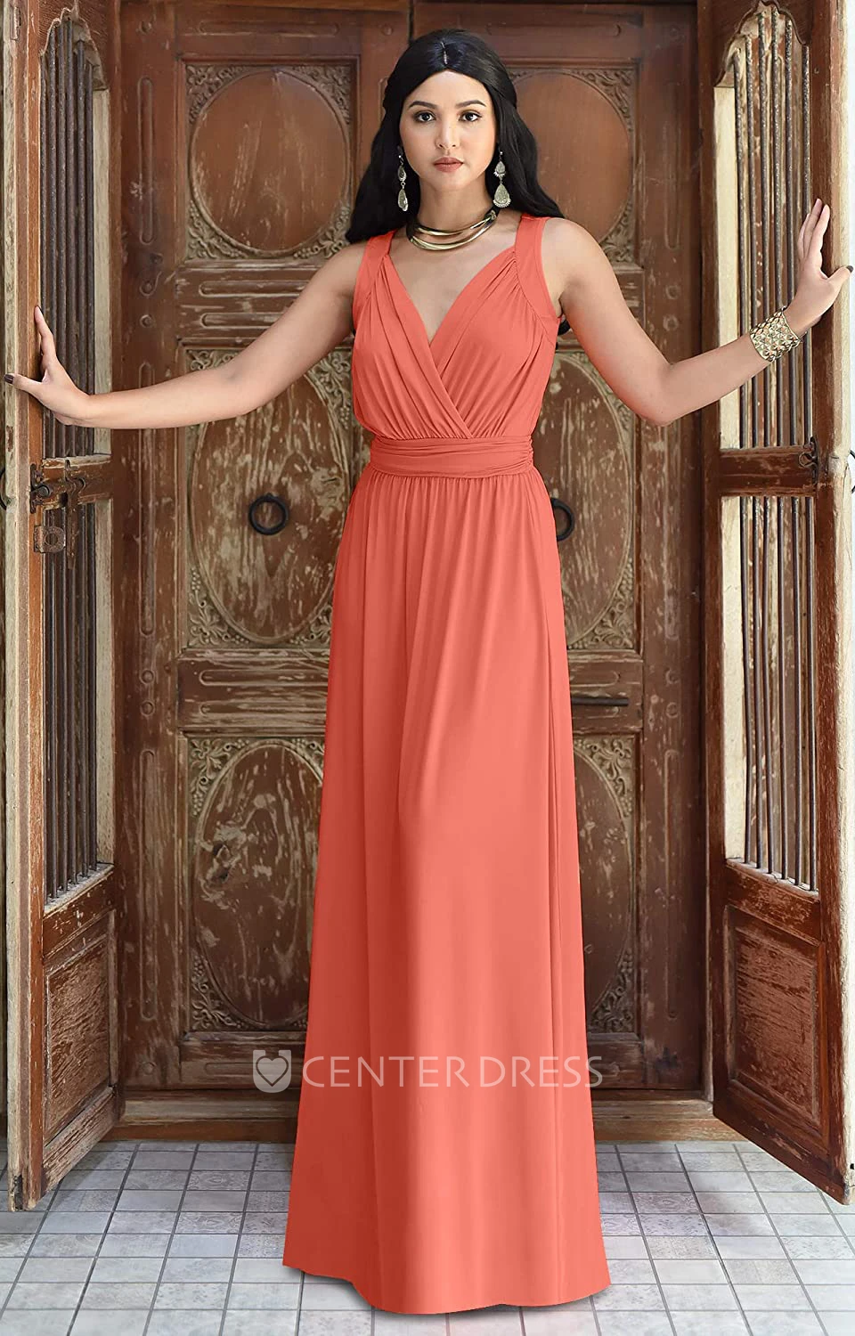 Casual Chiffon Floor-length V-neck A Line Sleeveless Bridesmaid Dress With Ruching