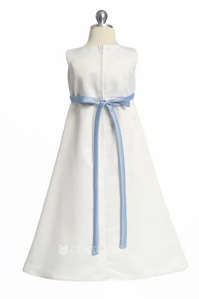 Ankle-Length Bowed Sleeveless Satin Flower Girl Dress
