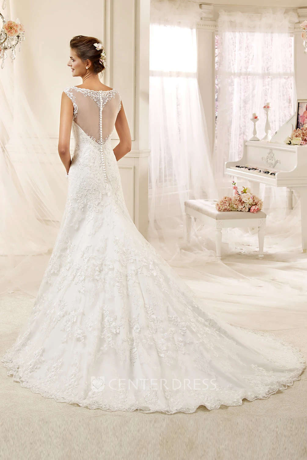 Jewel-Neck Cap-Sleeve Mermaid Wedding Dress With Illusive Design And Court Train