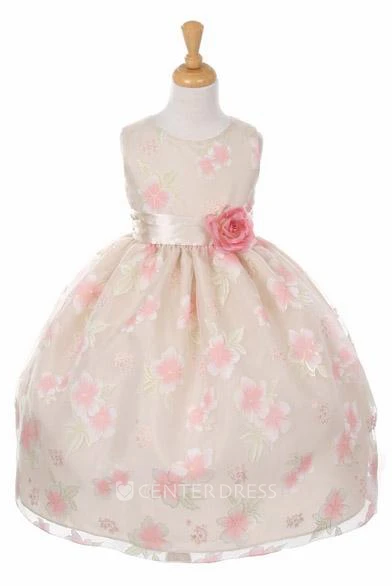 Tea-Length Tiered Organza&Satin Flower Girl Dress