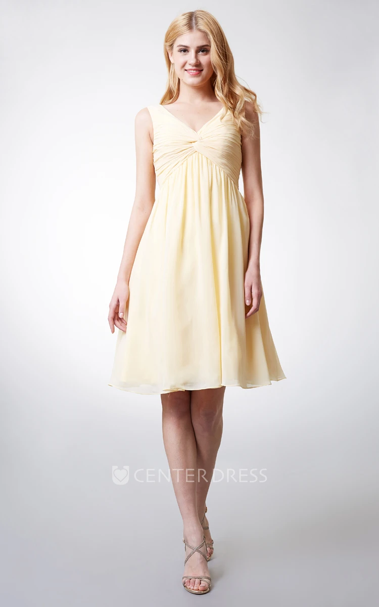V-Neckline Empire Chiffon Knee-length Dress With Pleats