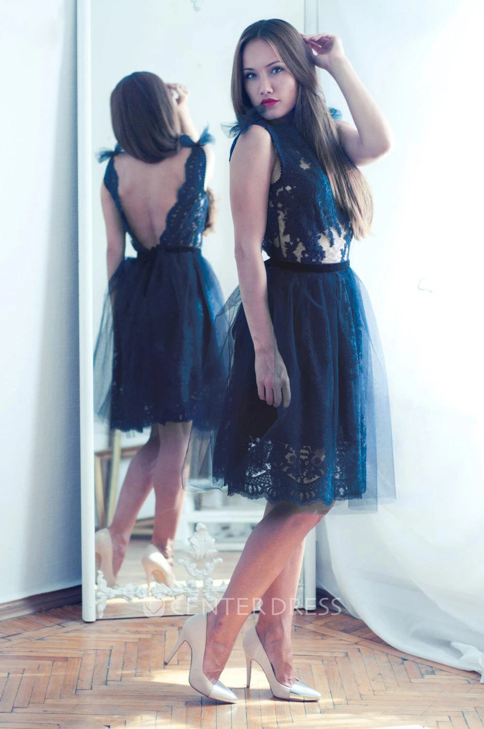 Navy Blue Lace Evening Open Back Dress