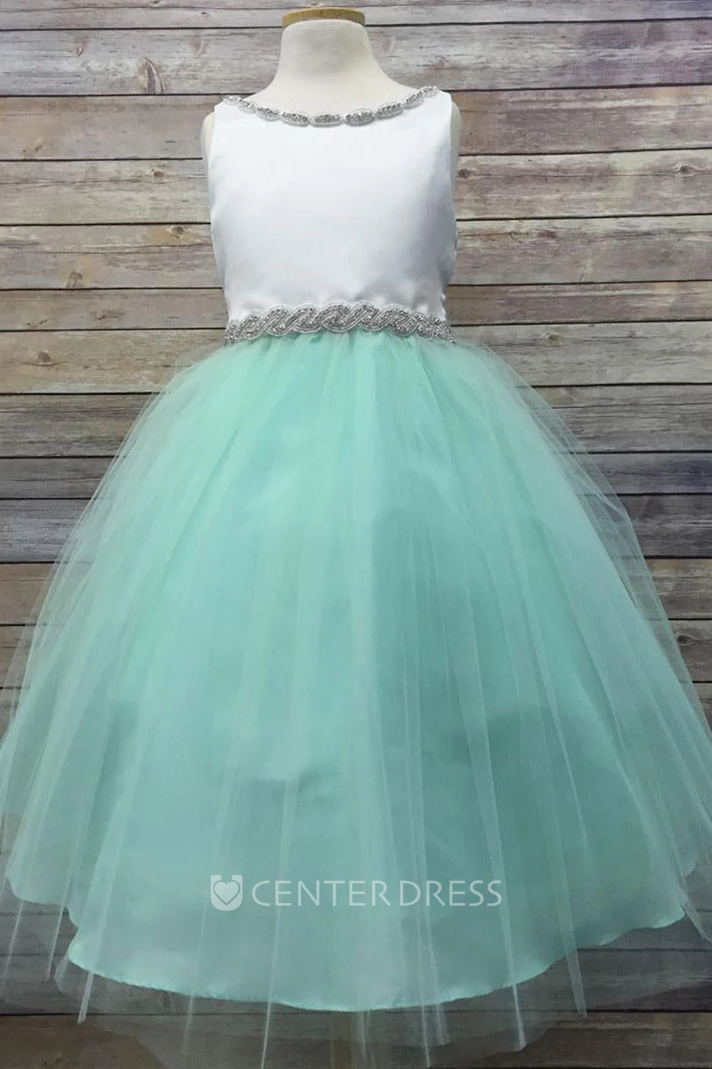 V-Neck Tea-Length Beaded Tulle&Satin Flower Girl Dress