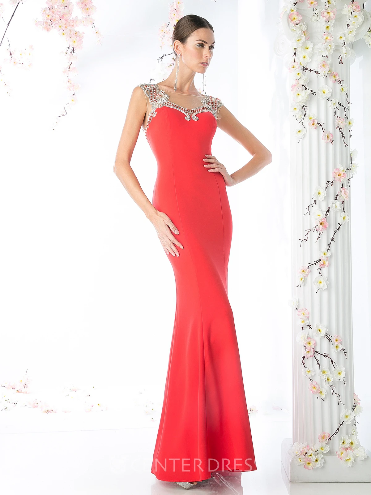 Pencil Floor-Length Bateau Sleeveless Jersey Illusion Dress With Beading