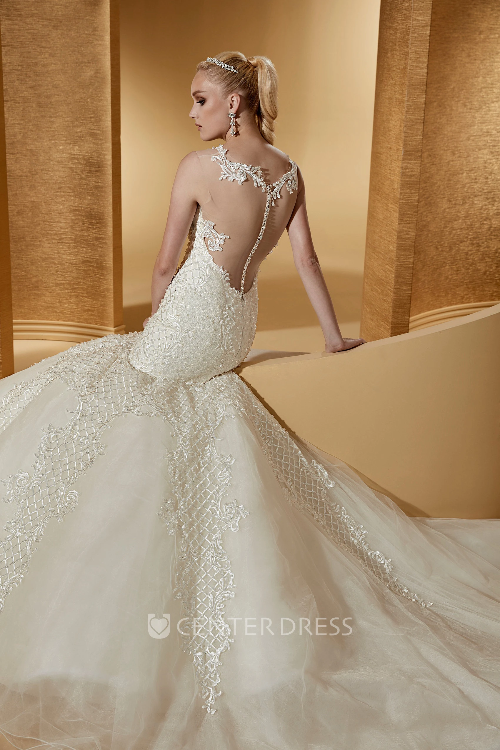 Sassy Cap sleeve Mermaid Wedding Dress with Special Appliques and Illusive Neckline 