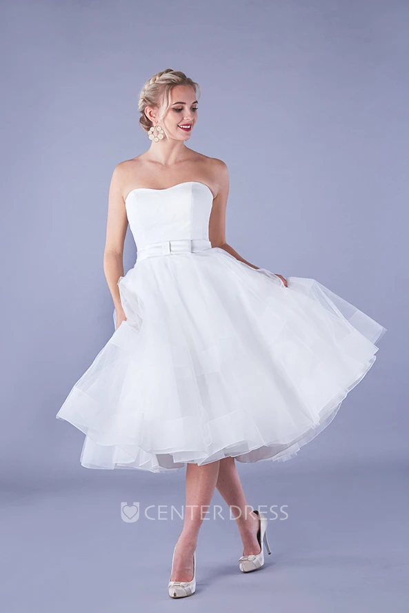 Simple Organza A-line Strapless Belt Knee-length Ruched Wedding Dress