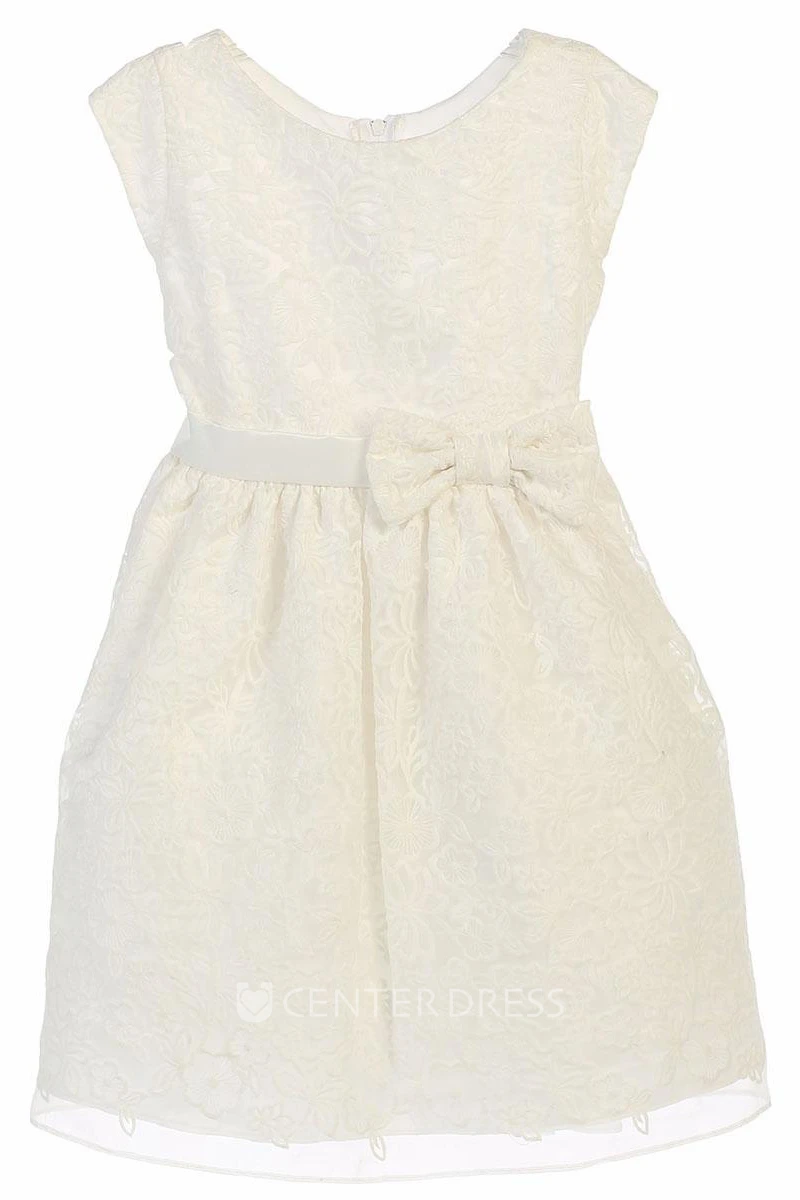 Knee-Length Floral Bowed Cap-Sleeve Organza&Satin Flower Girl Dress With Embroidery