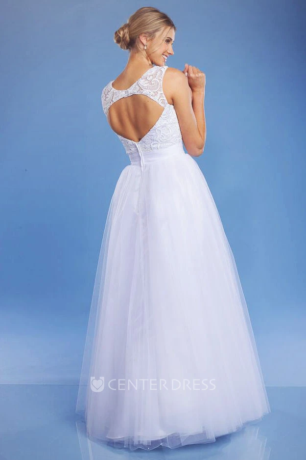 A-Line Bateau Sleeveless Floor-Length Tulle&Lace Wedding Dress With Keyhole Back